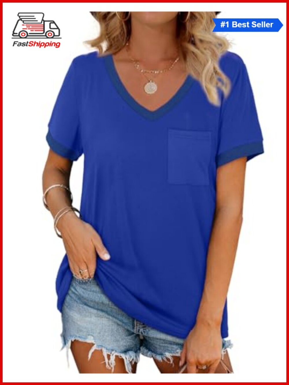 โจ Womens V Neck Short Sleeve Loose Fit Casual Summer T Shirt Top with Pocket